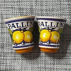 Pallini Limoncello Shot Glasses Set of 2 Deruta Italy Hand Painted Ceramic Lemon